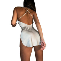 Silk Strap Mini Dresses Backless Solid Color Criss Front Pearl Sexy Summer Sexy Party