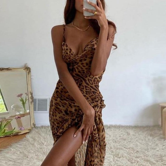 Leopard Print V-Neck Sexy Bodycon Long Dress Women Lace Up Backless Straps Beach Vestidos