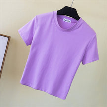 Crop Top T-Shirt Female Solid Cotton O-Neck Short Sleeve T-shirts for Women High Waist Slim T-Shirt