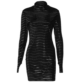 Pailletten Langarm Rollkragen Bodycon Slim Sexy Minikleid Party Club Y2K