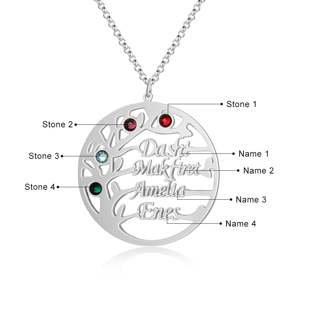 Family Tree Necklace with 4 Birthstones Name Necklace