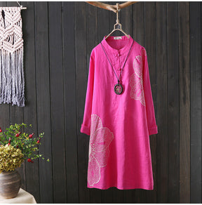 Cotton Shirt Long Sleeve Embroidery Blouse Stand Collar Loose Long Top Office Lady Casual Wear