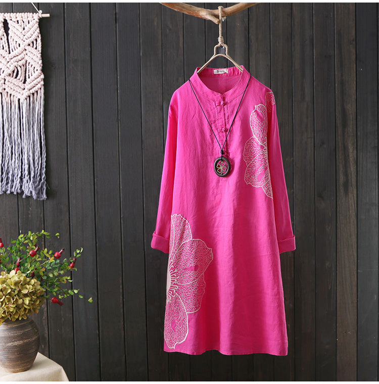 Cotton Shirt Long Sleeve Embroidery Blouse Stand Collar Loose Long Top Office Lady Casual Wear