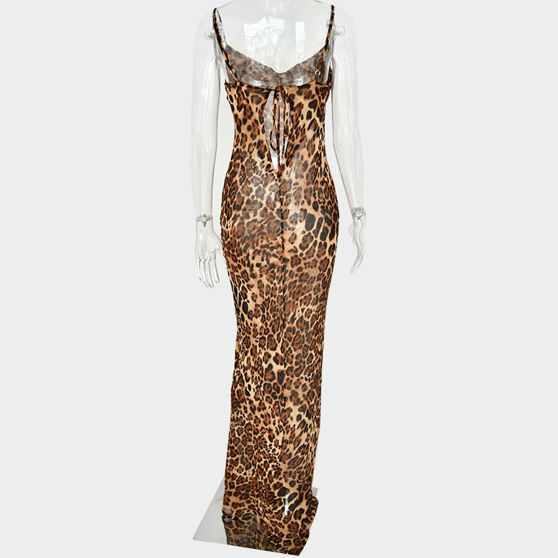 Leopard Print V-Neck Sexy Bodycon Long Dress Women Lace Up Backless Straps Beach Vestidos