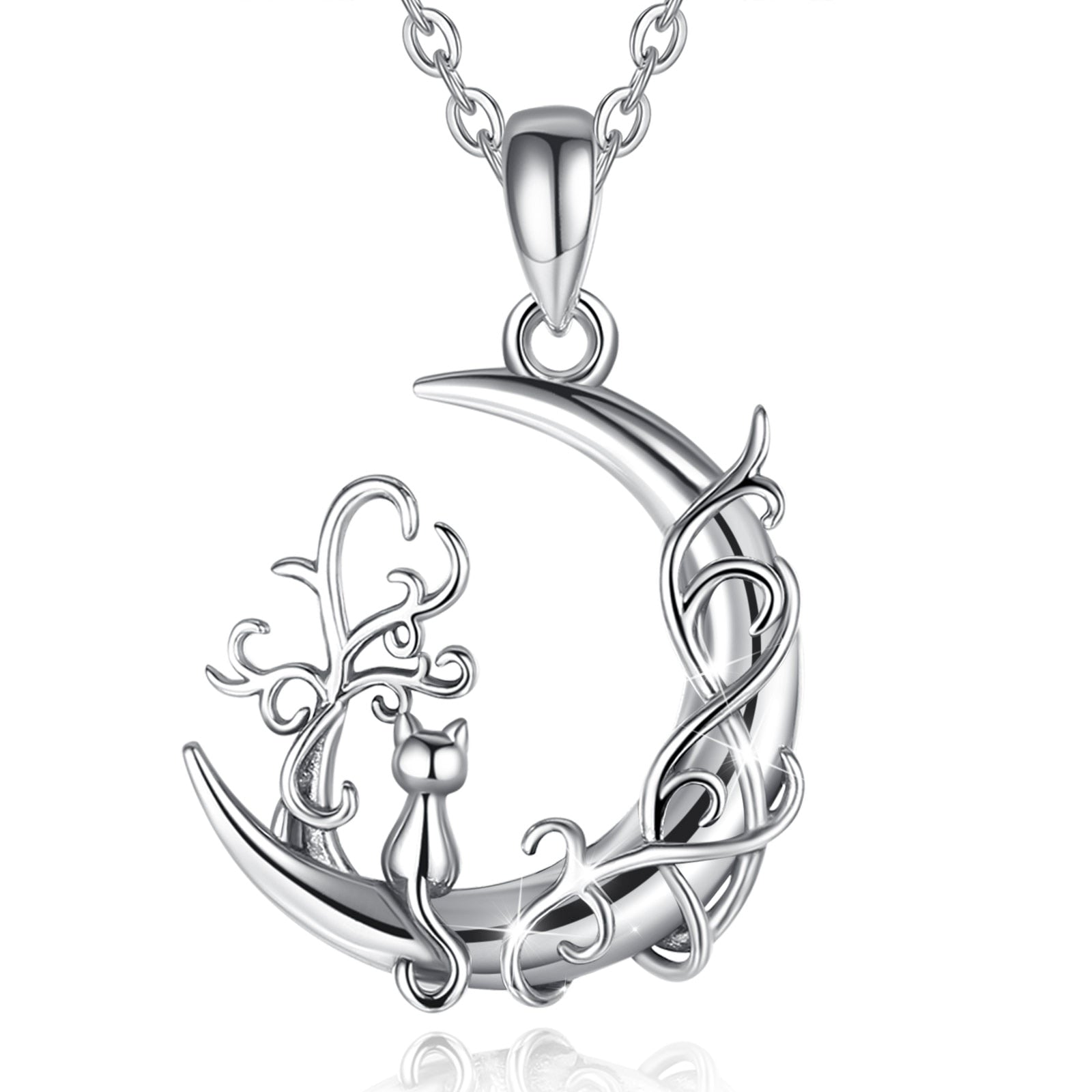 Cat tree of Life Pendant Necklace Cat Sit on Moon Necklace Woman Charm Jewelry