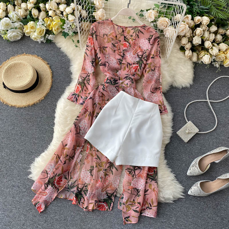 Women Casual Two Piece Set Long Sleeve V Neck Asymmetrical Chiffon Shirt