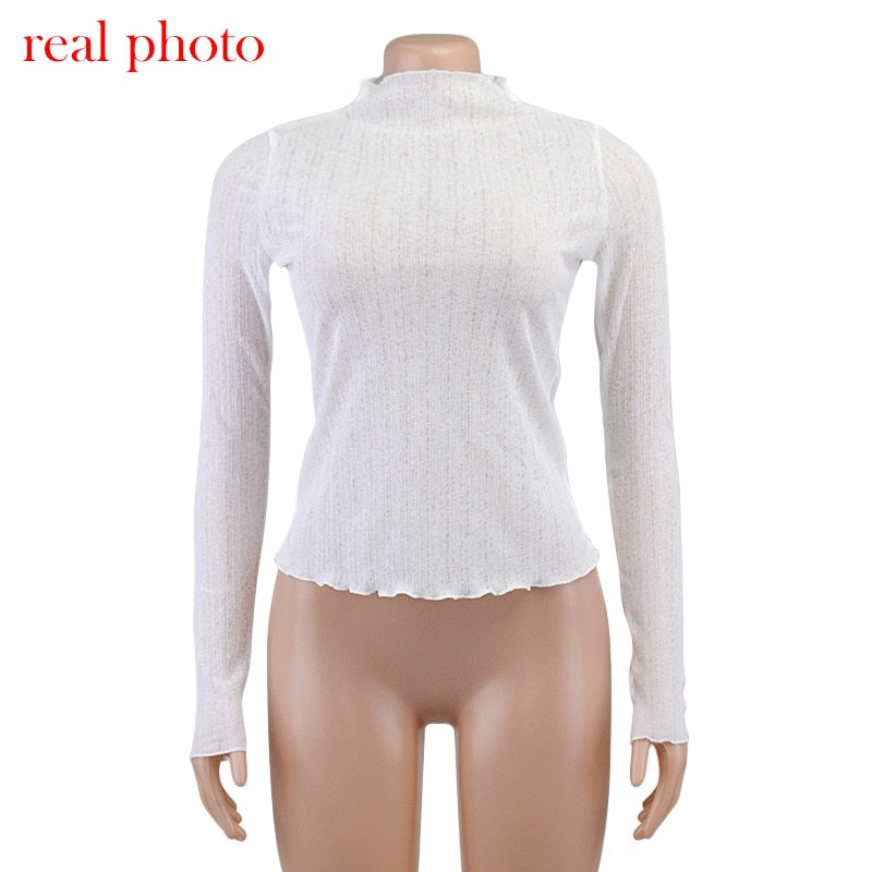 Elegant See Through Long Sleeve Mock Neck Women Tops Fashion Streetwear T-Shirts