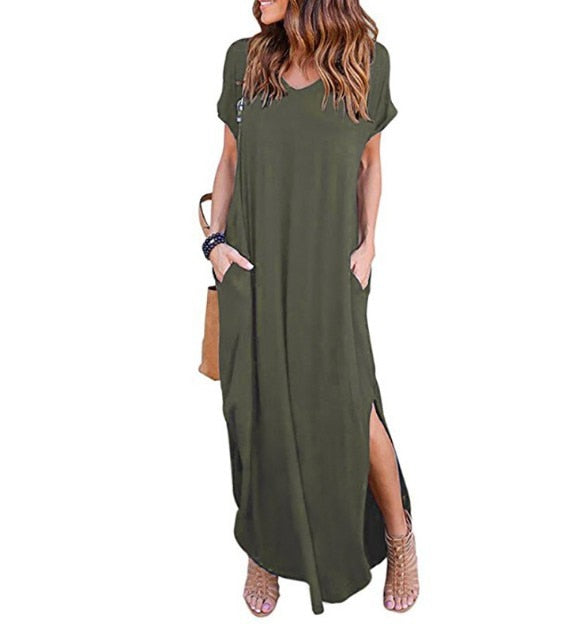 Plus Size 5XL Sexy Women Dress Summer 2022 Solid Casual Short Sleeve Maxi Dresses