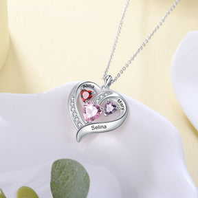 Name Engraved Heart Necklaces for Customized 3 Birthstone Necklace