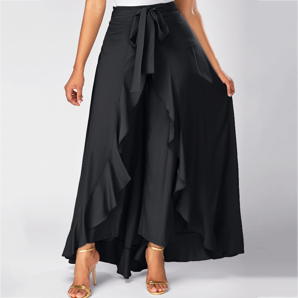 Women Pants Causal Ruffle Drawstring TrouserHigh Waist  Loose Dancing Outfits Palazzo Skirt