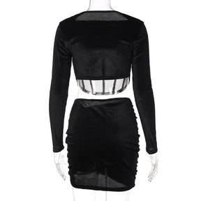 Velvet Mesh Long Sleeve Corset Out Crop Top Ruched Mini Dress 2 Pcs Set Bodycon