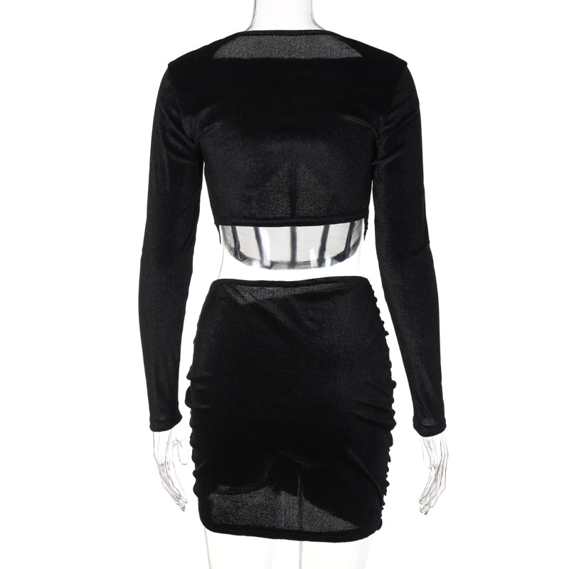 Samt Mesh Langarm Korsett Crop Top gerafftes Minikleid 2-teiliges Set Bodycon