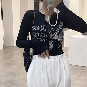 Knitted Crop Top Vintage Aesthetic Letter Printed Long Sleeve T-Shirts Sexy Slim Fit Tee Tops