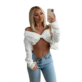 Pure Color Long Sleeves Bodycon Slim Crop Top