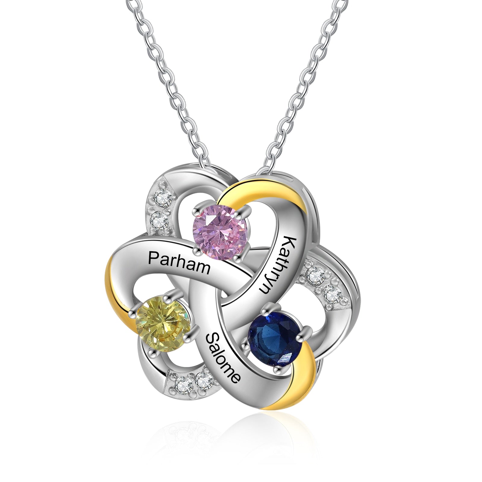 Personalized 3 Names Necklace Birthstone Engraved Flower Pendants