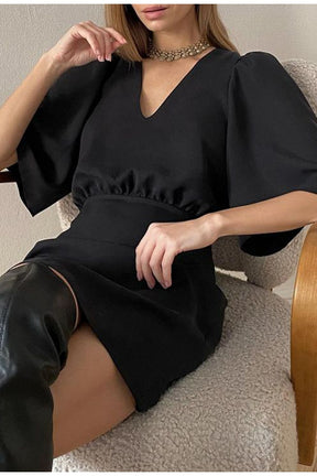 black short sleeve summer women dress 2022 Sexy V-neck solid High Street dress A-line mini Vestido