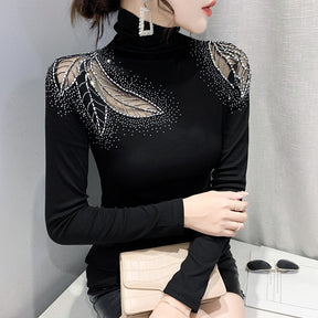 Women's Tops Shirt Casual Turtleneck Long Sleeve Hollow Out Hot Drilling Mesh T-Shirt