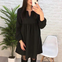 High Waist Mini Dress Long sleeve Sexy V-Neck Solid Color Party Lantern Sleeve Dress