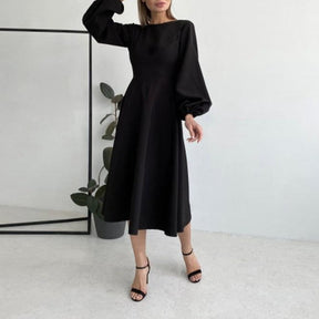 Sexy Backless Midi Long Dresses Lantern Sleeve O-Neck Autumn Folds A-Line For Women