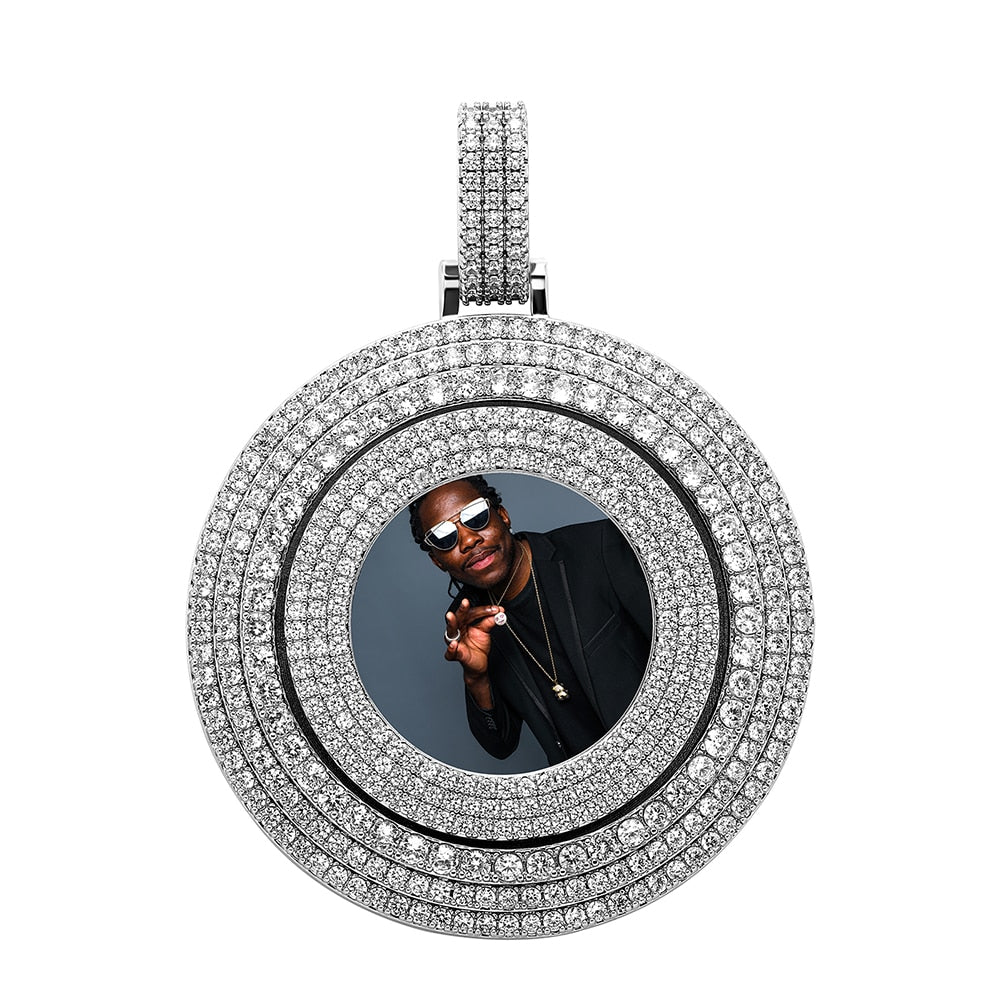 Big Size Custom Photo Rotating Pendant Necklace Full Iced Out Cubic Zirconia Hip Hop Jewelry