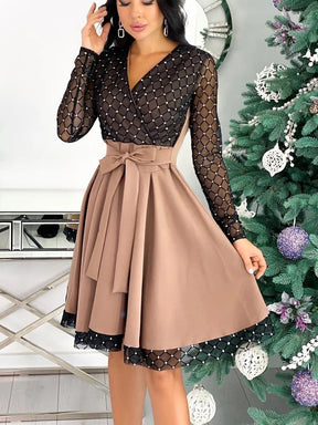 Shiny Sequin Diamond Mesh Stitching Dress Women Spring Autumn Sheer Long Sleeve Belted Slim A Line Dresses