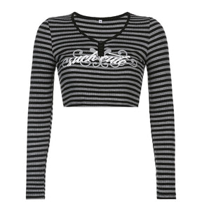 Goth Print Tops Stripe Cute T-Shirts Dark Academia Techwear Button Up V Neck Half Sleeve Sweat Shirts