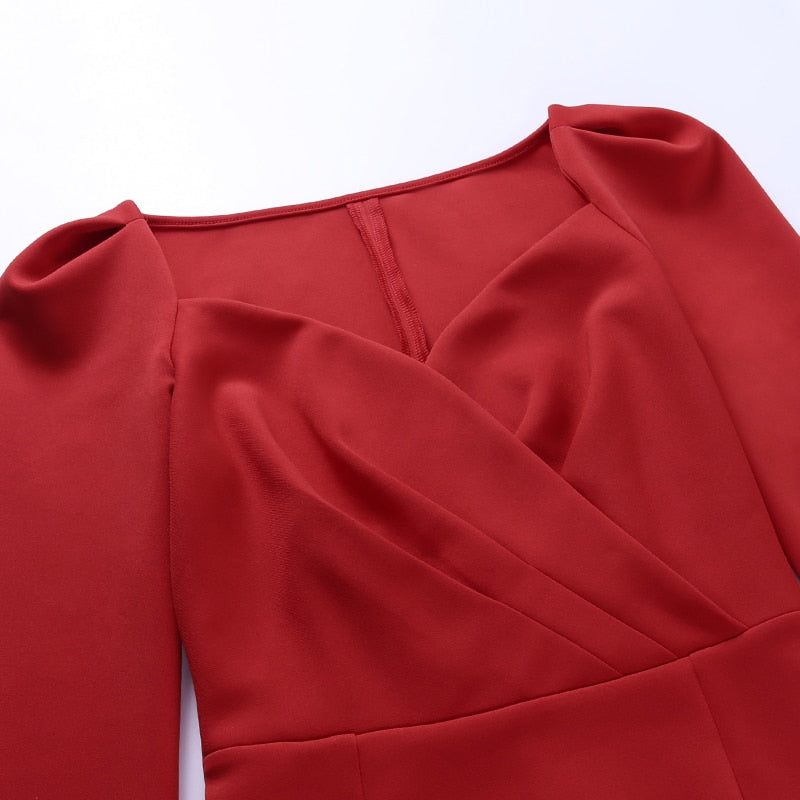 Schlankes Bleistiftkleid mit V-Ausschnitt und langen Ärmeln in der Mitte der Wade 2022 Casual Office Lady Solid Red Puff Sleeve