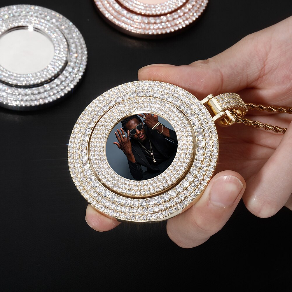 Big Size Custom Photo Rotating Pendant Halskette Full Iced Out Zirkonia Hip Hop Schmuck