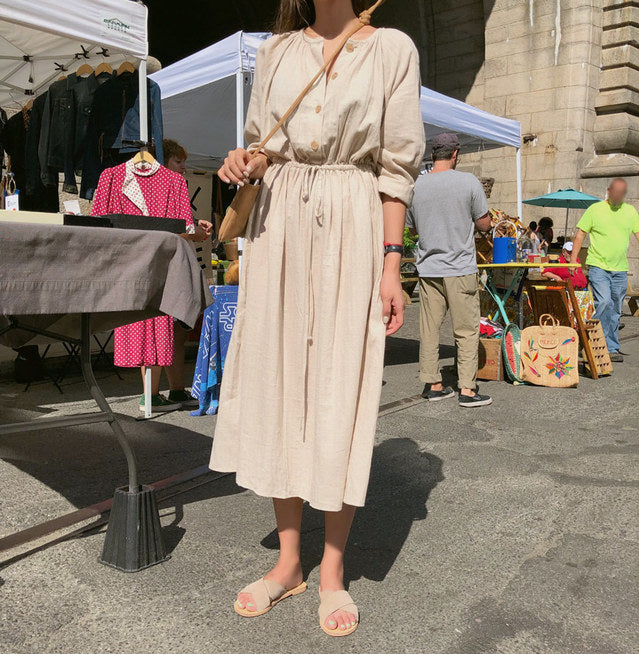 Abito lungo a camicia da donna in cotone con colletto tondo, vita sottile, coulisse, tinta unita