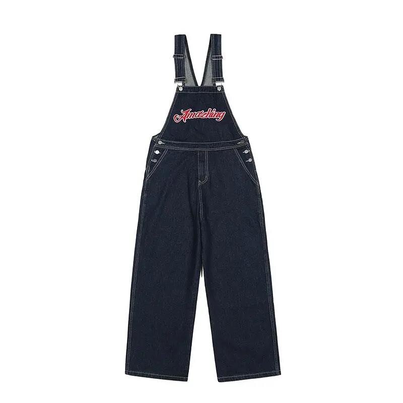 American Embroidery Denim Overalls Women Jean Jumpsuits Loose Straight Wide Leg Pants