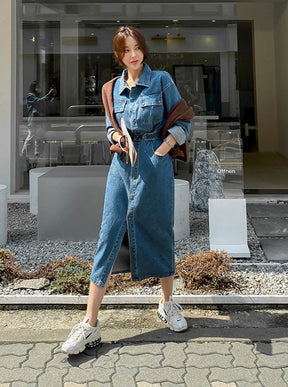 Denim Dress Full Sleeve Single-breasted Pockets Slim Waist Mid-length