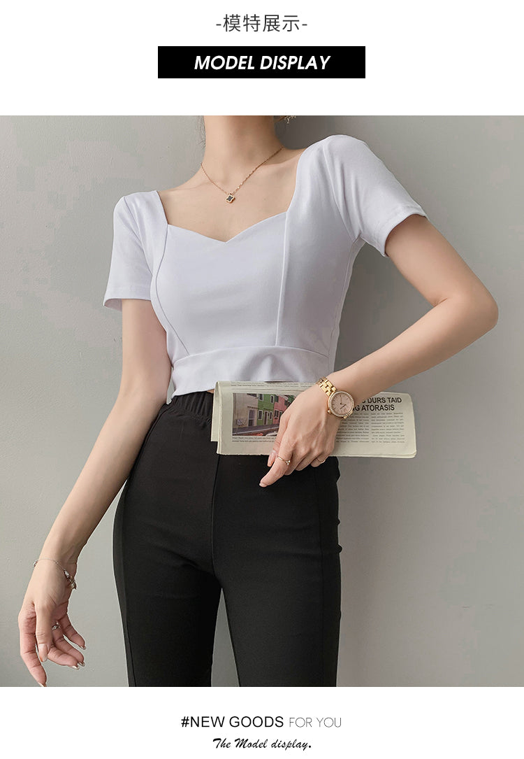 French Clavicle Square Collar Tops Women High Waist Croped Top Short Sleeve T-shirt Female