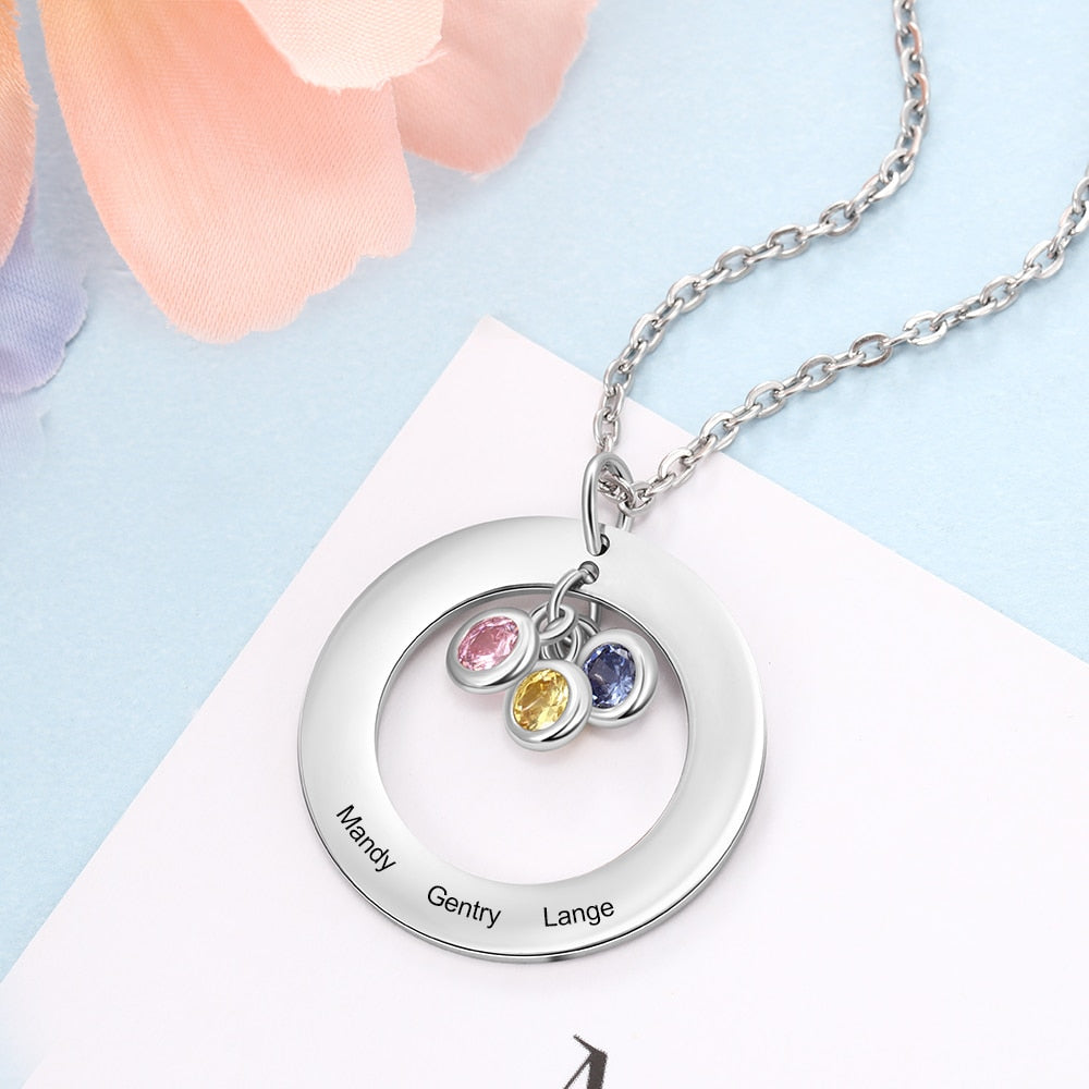 Circle Necklace with 1-3 Birthstones Custom Round Pendant Name Necklace