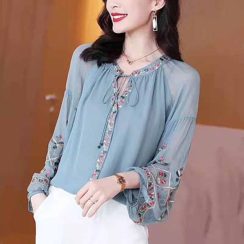 Chiffon Embroidery Blouse Long Lantern Sleeve Loose Top Casual Wear Oversize Casual Wear