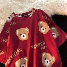 Summer Full Print Cartoon Bear Kawaii Short-Sleeved  T-Shirt Loose Harajuku Casual