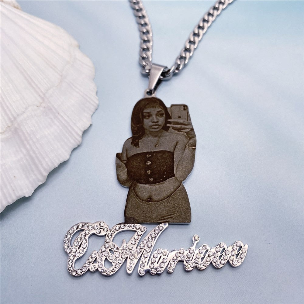 Custom Picture with Diamond Necklace Custom Nameplate Pendent Necklace