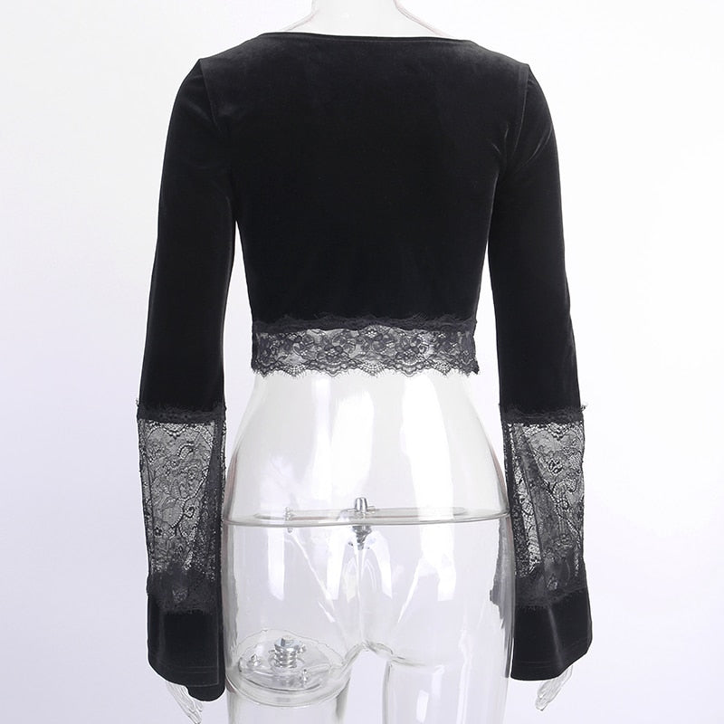 Ins Goth Sexy Women Gothic Crop Top Flare Long Sleeve Lace Hollow Out Black  V-neck T-shirt