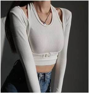 Fake Two Piece Halterneck Knitted Tops Women Tops Long Sleeved T-shirt Female