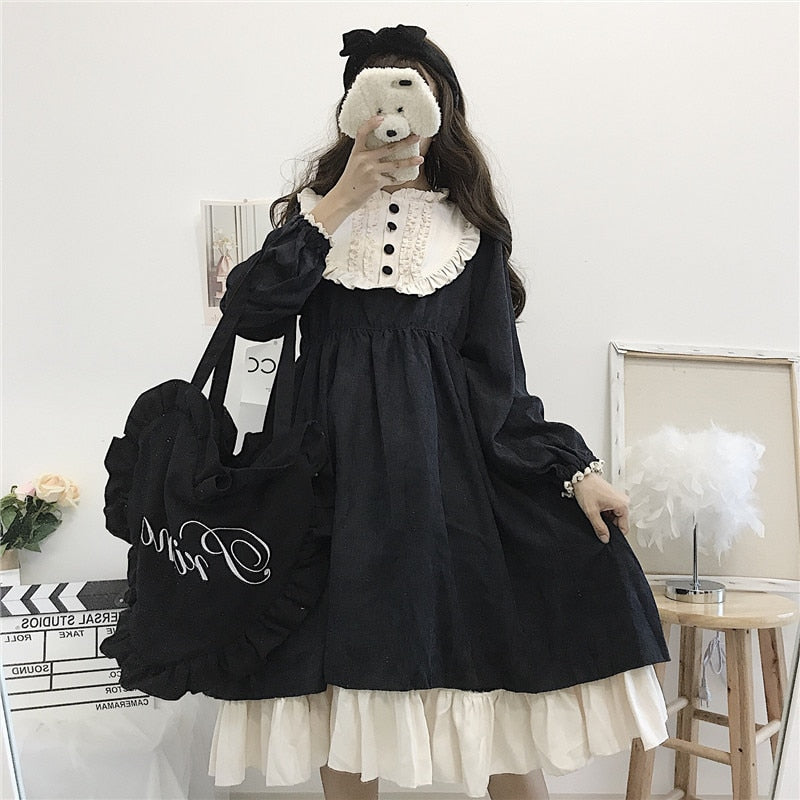 Abiti da donna in stile giapponese O-collo a vita alta che dimagrisce abito dolce lolita arruffato a contrasto di colore Kawaii