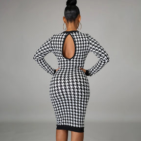 Houndstooth Print Women Long Sleeve Midi Dress Hollow Out Bodycon Streetwear