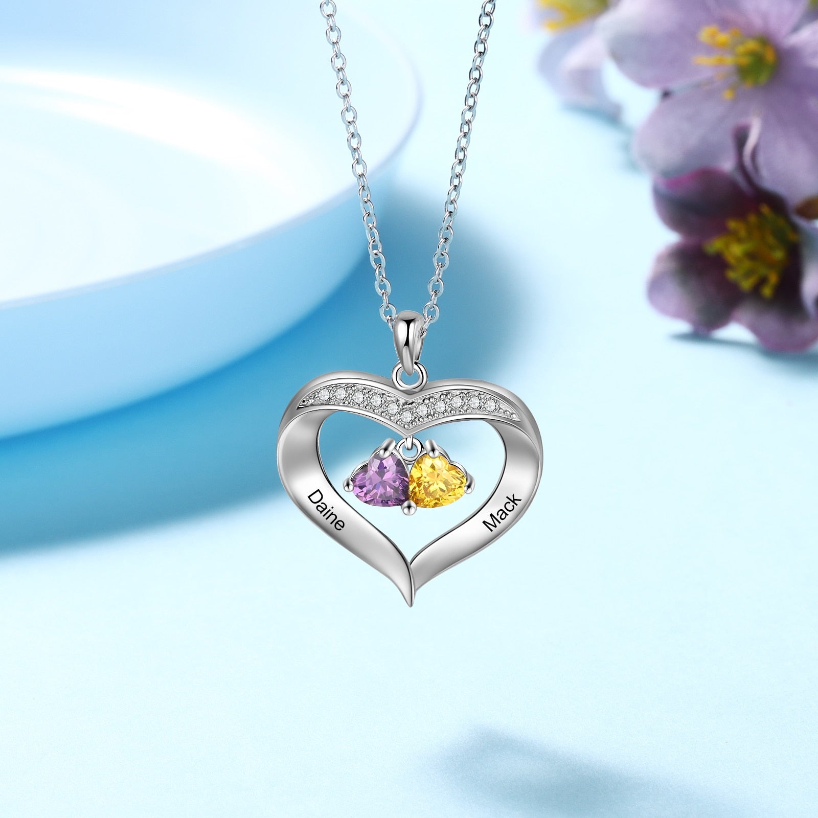 Personalized Heart Name Necklace with 1-8 Engraving Birthstone Pendant