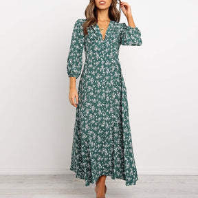 Women Chiffon Long Dress Floral Print Lantern Sleeve A-line Maxi Vestidos Vintage V Neck Dresses