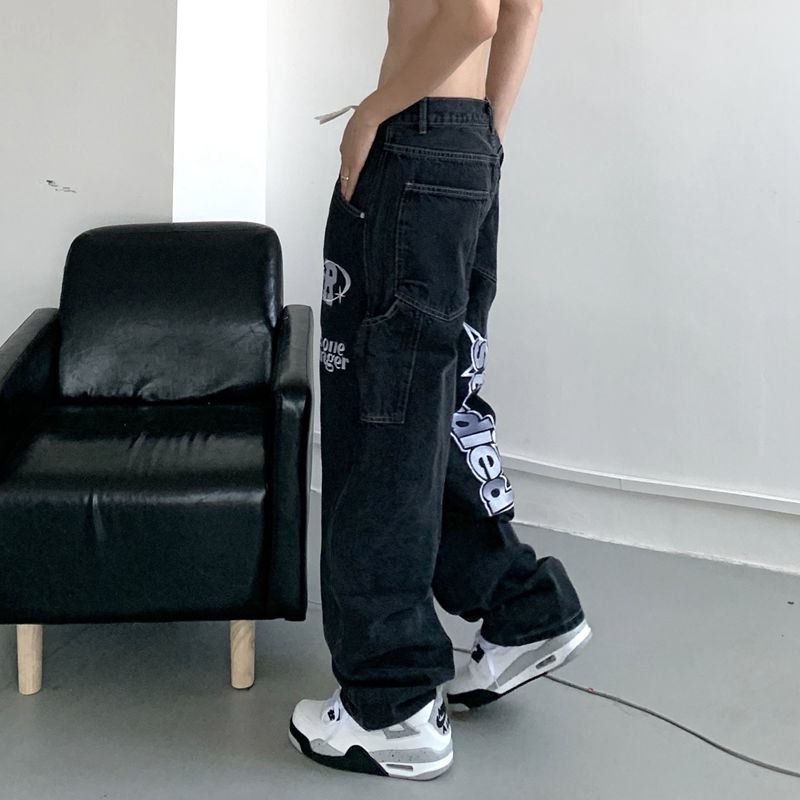 Retro-Hip-Hop-Jeans mit Buchstabenstickerei, lockere Hose mit geradem Bein, Hose mit weitem Bein für Männer und Frauen