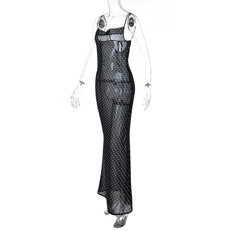 Sleeveless Zip Up Bandage Point Print Mesh See-Through Maxi Dress Sexy Clothings