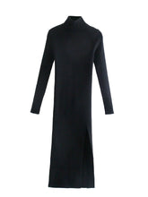 Long Sleeves High-Neck Elastic Midi Dress Lady Knit Sweater Dresses