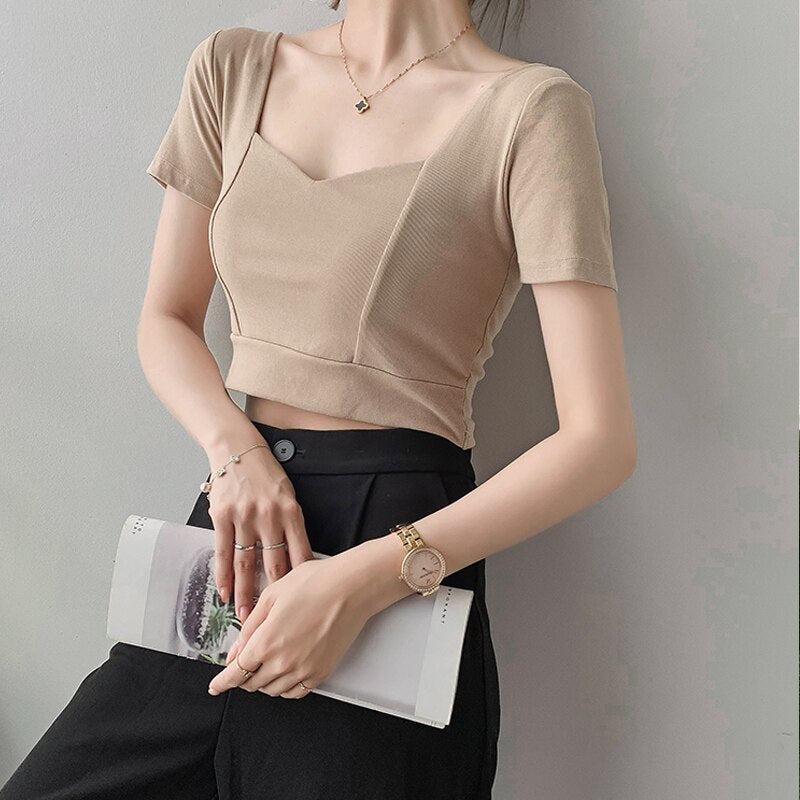 French Clavicle Square Collar Tops Women High Waist Croped Top Short Sleeve T-shirt Female
