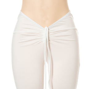 Women Slim Flare Pants Low Waist Drawstring Ruched Wide Leg White Trousers Joggers Sweatpants