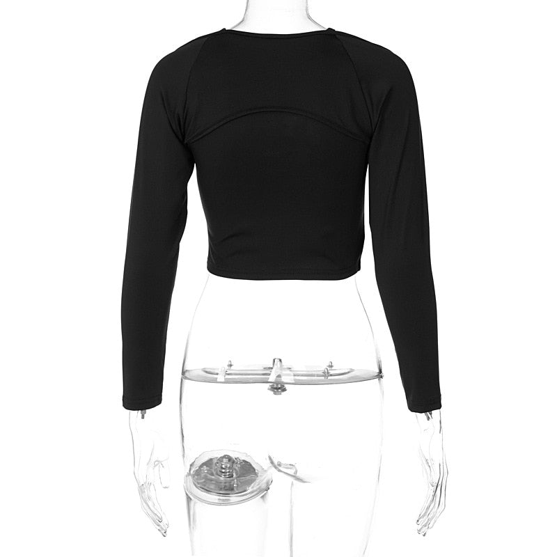 Long Sleeves Solid Hollow Out Bandage Sexy Tube Crop Top Summer Autumn Women