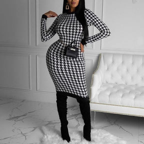 Houndstooth Print Women Long Sleeve Midi Dress Hollow Out Bodycon Streetwear