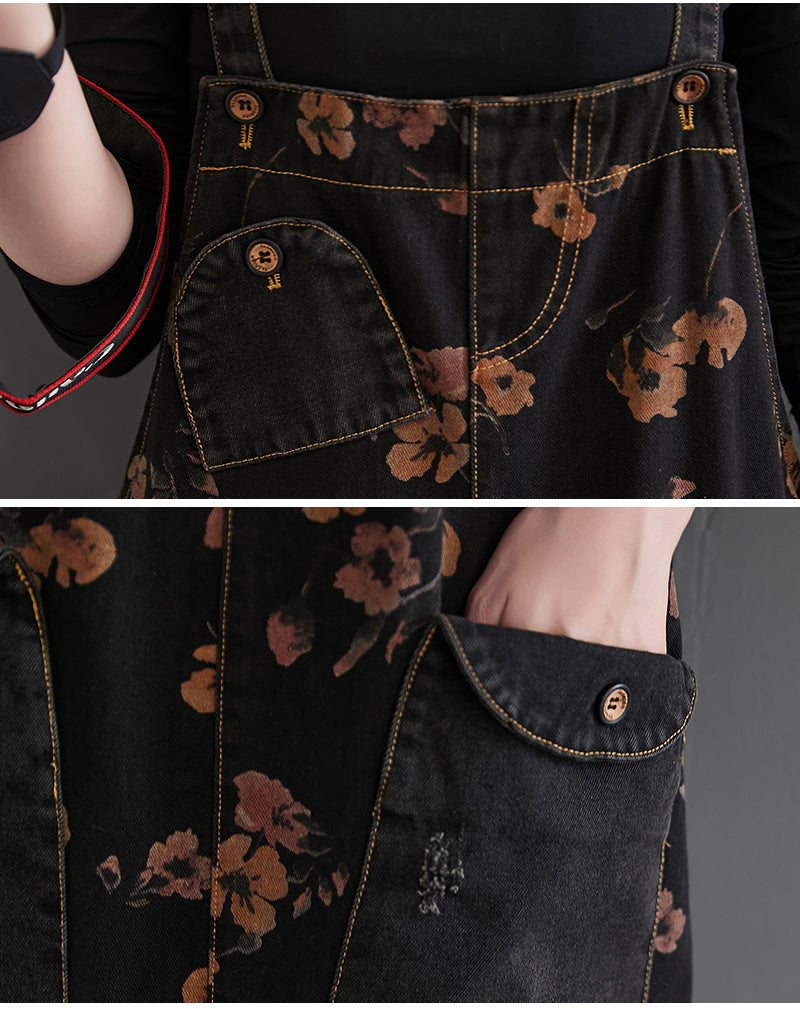 Loose Jeans Black Jumpsuit Casual Ladies Big Pockets Print Floral Denim Overalls Straps Rompers